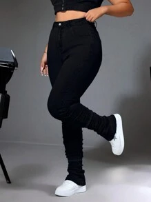 SHEIN CURVE+ Plus Size Stretchy Denim Fashion Pants - Black - View 4