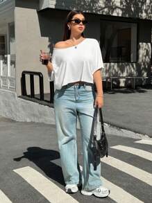 SHEIN EZwear Áo thun tay cánh dơi màu trắng cỡ lớn dành cho phụ nữ cỡ lớn - trắng - Xem 4