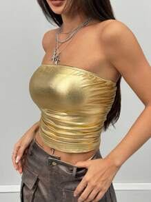 SHEIN EZwear Parte superior strapless plisada con efecto metálico para mujer