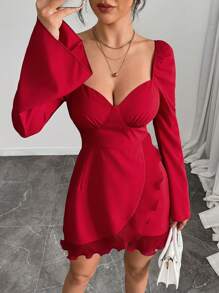 Chiquease Women's Solid Color V-Neck Flare Short Ruffle Dress, Elegant - Red - View 4