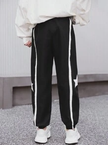 SHEIN Older Boys' Color Block Splice Fashionable Outdoor Sports Print Drawstring Pants, Spring & Summer - Black - View 2