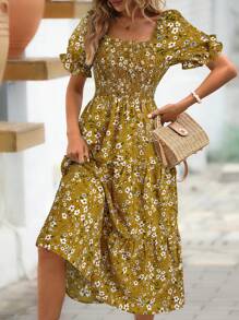 SHEIN Clasi Women's Floral Print Puff Sleeve Midi Dress