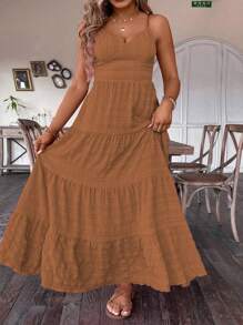Franclia Plus Size Women Solid Color Ruched Ruffle Trim Casual Strap Dress
