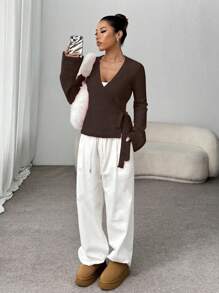 FavEase Cardigan ample décontracté avec nœud pour femmes, polyvalent