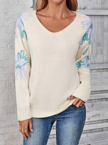 EMERY ROSE Women's Floral Print V-Neck Oversized Long Sleeve Sweater, Winter