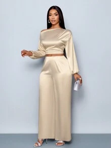 SOLERSUN 2024 New Autumn And Winter Elegant Business For Commuting, High-Grade Satin Slanted Shoulder Top & Pants Set