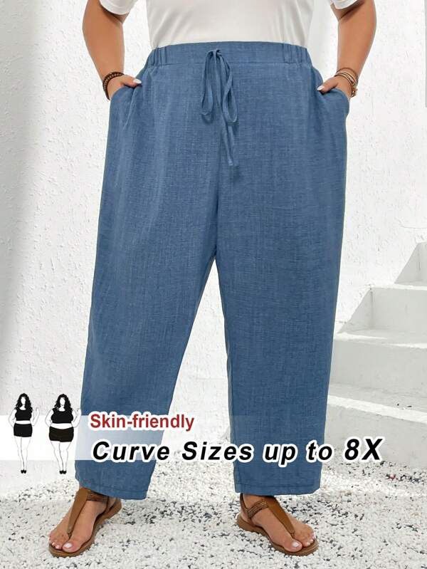 SHEIN CURVE+ Plus Size Solid Color Casual Trousers With Elastic Waist And Diagonal Pockets Boho Vacation