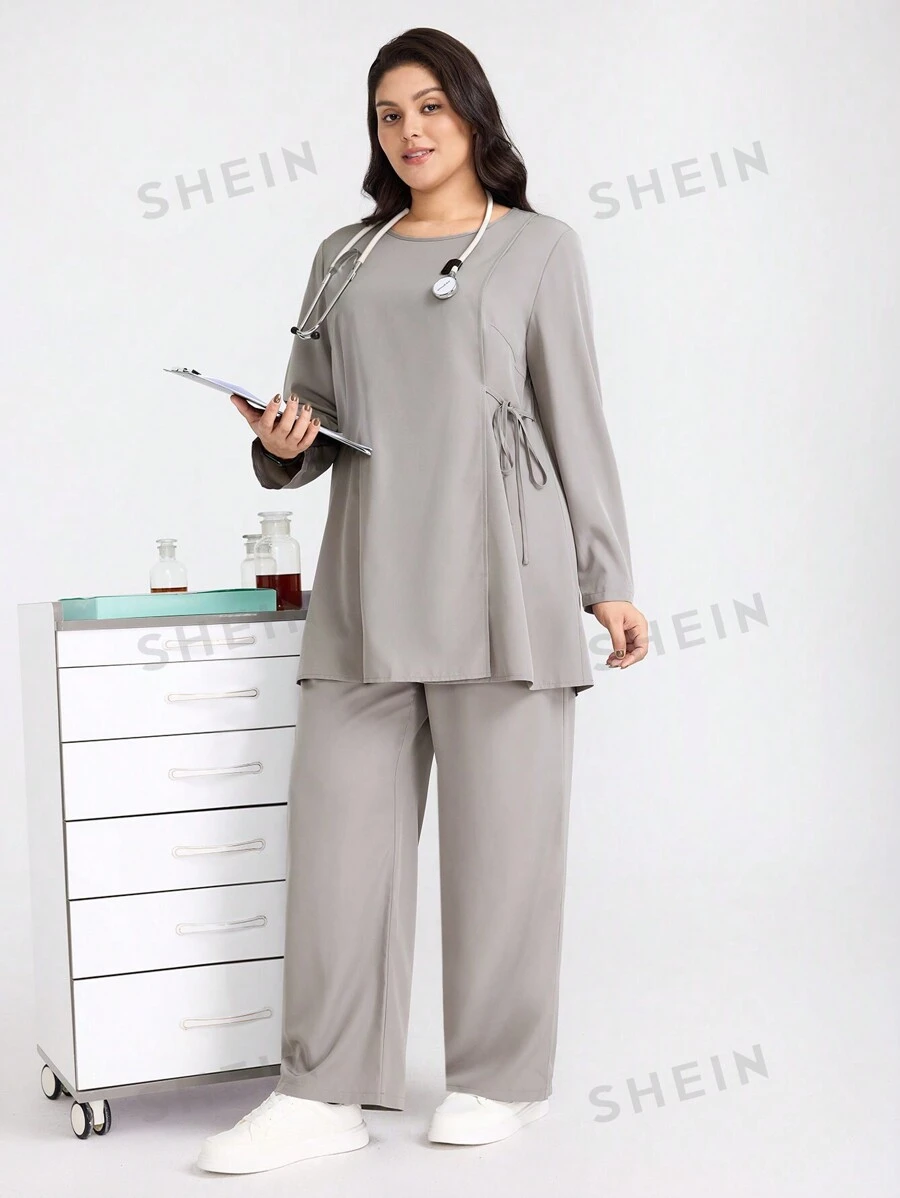 TaskEZ Conjunto de uniforme médico de talla grande de pantalón y blusa de manga larga con cuello redondo, bolsillos dobles y lazo lateral en unicolor. Conjunto de uniforme de trabajo para examen médico, peluquería de mascotas y nutricionista, de unicolor, de dos piezas, con múltiples bolsillos y ropa de trabajo resistente, en color gris.