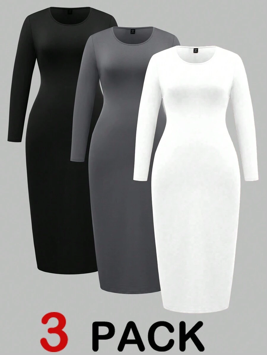 SHEIN LUNE Basic Style Long Sleeve Bodycon Long Dress Fall Cloth For Women - Multicolor - View 1