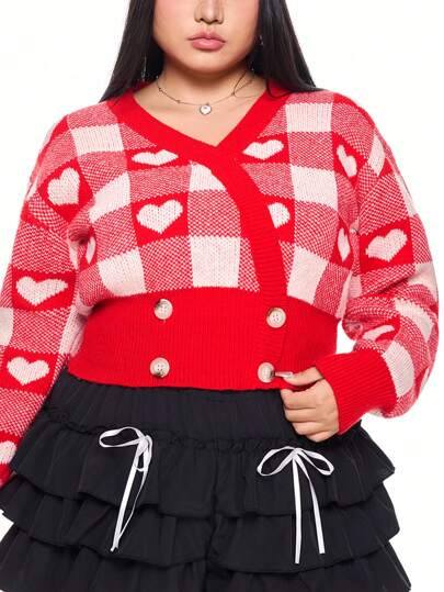 Kawaii Valentine's Day Heart & Plaid V-Neck Pullover Sweater