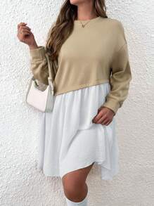 SHEIN LUNE 大码女式撞色落肩长袖休闲拼布连衣裙，秋季