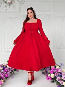 Flirla Plus Size Classic Solid Color Flattering Waistline Long Sleeve Maxi Red Dress For Romantic Date For New Year,Valentine - Red - View 3