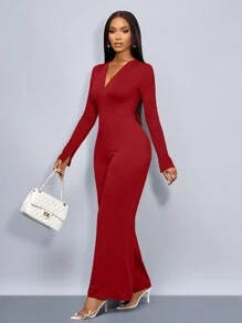 SOLERSUN 女士时尚纯色深 V 领露背系带长袖性感连衣裤