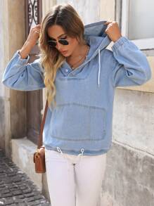 SHEIN LUNE Women's Simple & Fashionable Casual Denim Pullover Sweatshirt, Everyday Wear - Blue - View 3