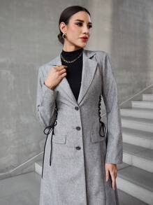 Al Najma 女士秋季翻领长袖侧系带长款优雅西装长袍，女士西装外套 - 灰色 - 查看 3