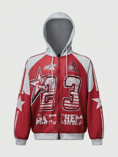 Street Life Sweat-shirt à capuchon zippé, manches longues, décontracté, avec impression lettrage bicolore pour hommes