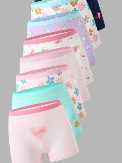SHEIN Quần lót cotton tươi in họa tiết hoa và trái tim cho bé gái 8 chiếc/gói