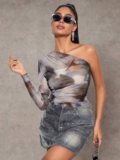 SHEIN BAE Camiseta transparente de malla con efecto tie-dye para mujer, tops de verano