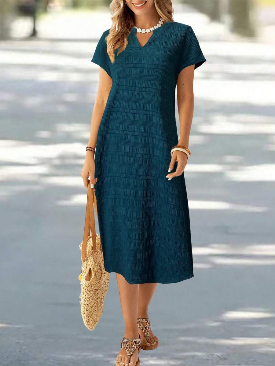 EMERY ROSE 女士纯色缺口领中长休闲度假连衣裙 - 藍色 - 查看 1