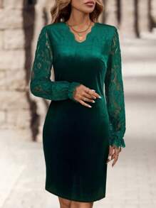 EMERY ROSE Velvet Patchwork Elegant Lace Long Sleeve V-Neck Women Winter Dresses - Black - View 3