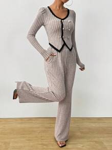 Chiquease 女式双排扣长袖上衣和口袋罗纹裤休闲套装，春/秋 - 淺灰色 - 查看 5