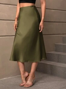 SHEIN PETITE CURVE Plus Size Solid Color Zipper Closure Skirt Mermaid Skirt People Of Shorter Stature - Army Green - View 3