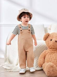 SHEIN Set de 2 piezas, camiseta de manga corta acanalada casual y versátil, y peto con orejas de animal de pana para bebé niño/niña, adecuado para primavera/verano