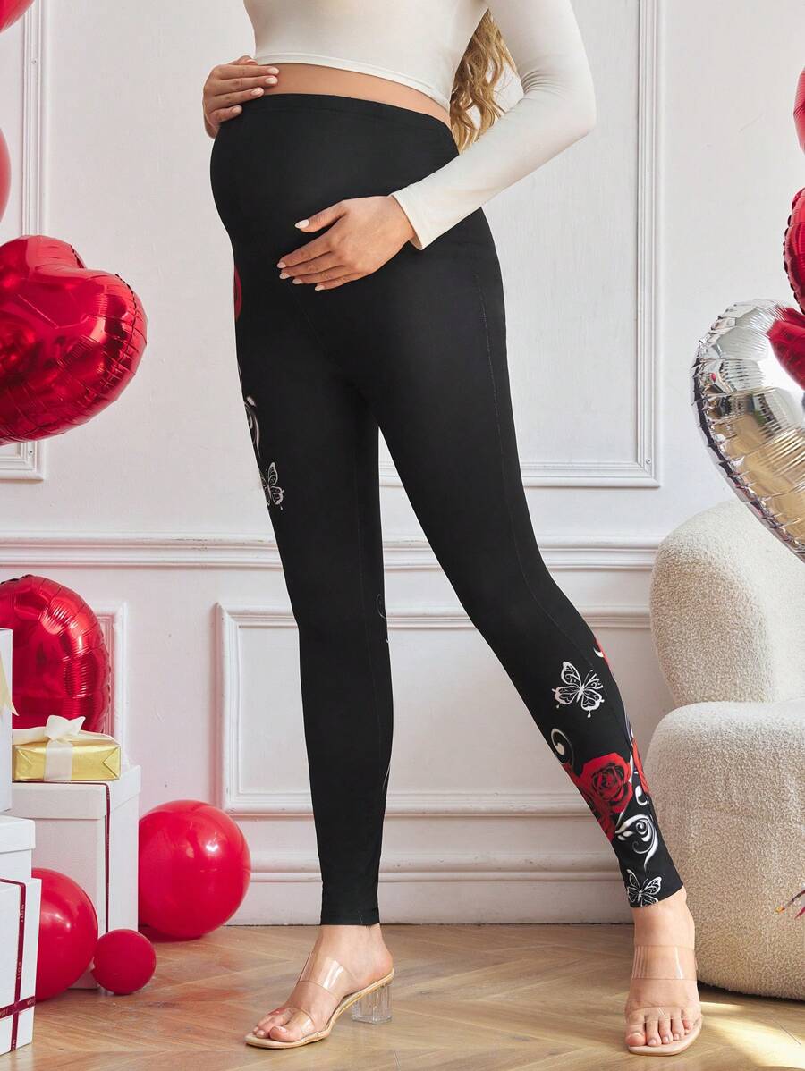 SHEIN Maternity Rose Floral Print Leggings With Elastic Waist, Stretchy - Black - View 1