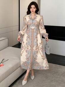 DAZY Floral Print Puff Sleeve Button Down Mid-Length Dress For Women Elegant,Fall Dress Vacation Outfits Women - Blue - View 3