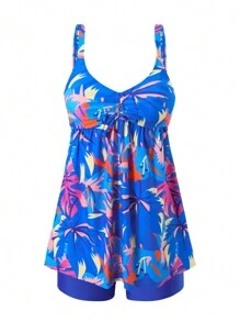 Swim Lushoire Summer Printed Random Front & Middle Ruched Design Tankini Women Underwear Set - Multicolor - View 6