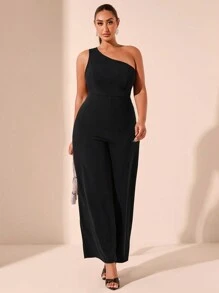 SHEIN BAE Combinaison asymétrique à jambes larges, tenue élégante pour femme, idéale pour les rendez-vous décontractés, les fêtes et les événements en automne et en été. Idéale pour les vacances, le travail, mer ou la plage. Matière extensible tricotée. - Noir - Voir 3
