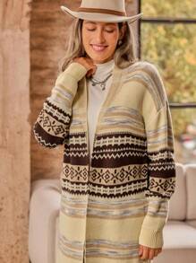 LanaWest Vintage Loose Knitted Cardigan, Oversized Long Sweater Jacket, Slouchy Elegant Style, Autumn/Winter Fall Cloth For Women - Multicolor - View 3