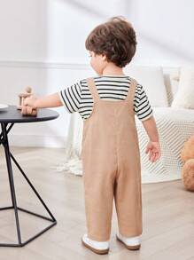 SHEIN Set de 2 piezas, camiseta de manga corta acanalada casual y versátil, y peto con orejas de animal de pana para bebé niño/niña, adecuado para primavera/verano