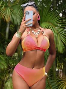 SHEIN Slayr Ombre Color 2pcs Women Halter Tie Neck Chain Bikini Set, Beachwear Summer - Coral Pink - View 7