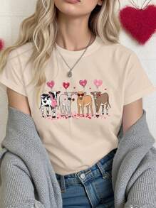 INAWLY 女士气球心形奶牛 LOVE 图案常规圆领短袖情人节 T 恤 - 卡其色 - 查看 1