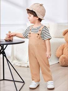 SHEIN Set de 2 piezas, camiseta de manga corta acanalada casual y versátil, y peto con orejas de animal de pana para bebé niño/niña, adecuado para primavera/verano