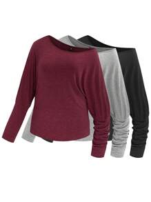SHEIN LUNE Conjunto informal holgado de 3 piezas (camiseta de manga larga, cuello sesgado y colorido) tallas grandes, adecuado para Año Nuevo, Día de San Valentín, Acción de Gracias, Navidad, Fiesta nacional, Nochevieja, Fiesta de Navidad, decoración navideña, ropa de hogar navideña, vacaciones de primavera
