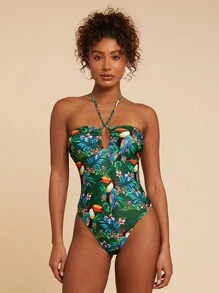 Travachic Traje de baño de una pieza estilo halter con estampado tropical para vacaciones y playa