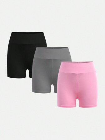SHEIN Tween-Mädchen 3-teiliges Set eng anliegende schwarze, grau-rosa Turnshorts, professionelle Sportshorts mit hoher Taille zum Laufen, Fitness, Yoga, bequeme einfarbige Bikershorts