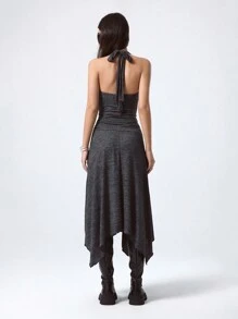 LYSMO 女士天鹅绒不对称中长连衣裙、连衣裙、派对服装 - 深灰色 - 查看 2