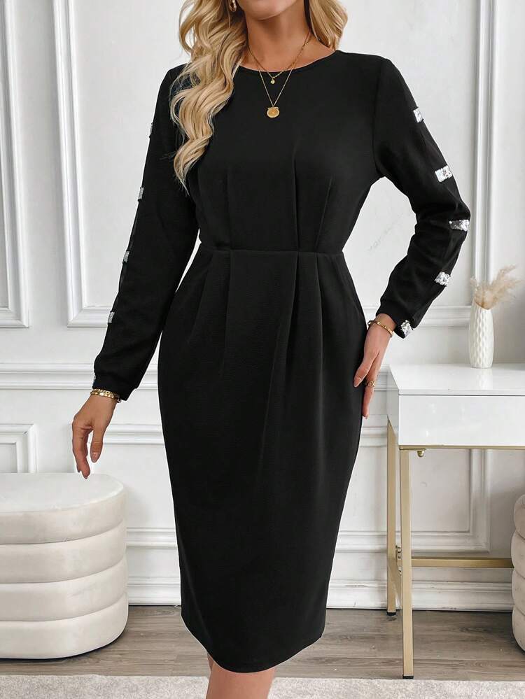 Valentine's Day Dress Women Women's Round Neck Long Sleeve Sequin Patchwork Plated Elegant Mid-Calf Dressnew Years Women Outfit