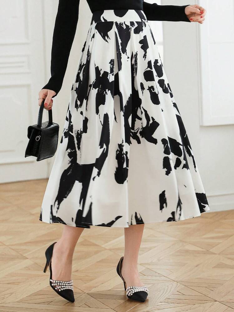 Women's Elegant Pleated A-Line Floral Print Skirt