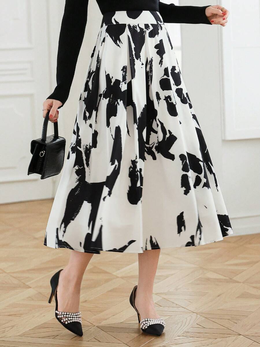 DAZY Falda plisada con estampado floral de línea A elegante para mujer - Negro - Ver 1