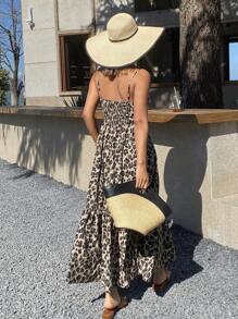 Strévra Đầm nữ mùa hè kiểu phương Tây, họa tiết da báo, khoét lỗ, dáng dài ngang gối, có dây đeo vai, thích hợp cho kỳ nghỉ biển hoặc du lịch. - màu nâu - Xem 2