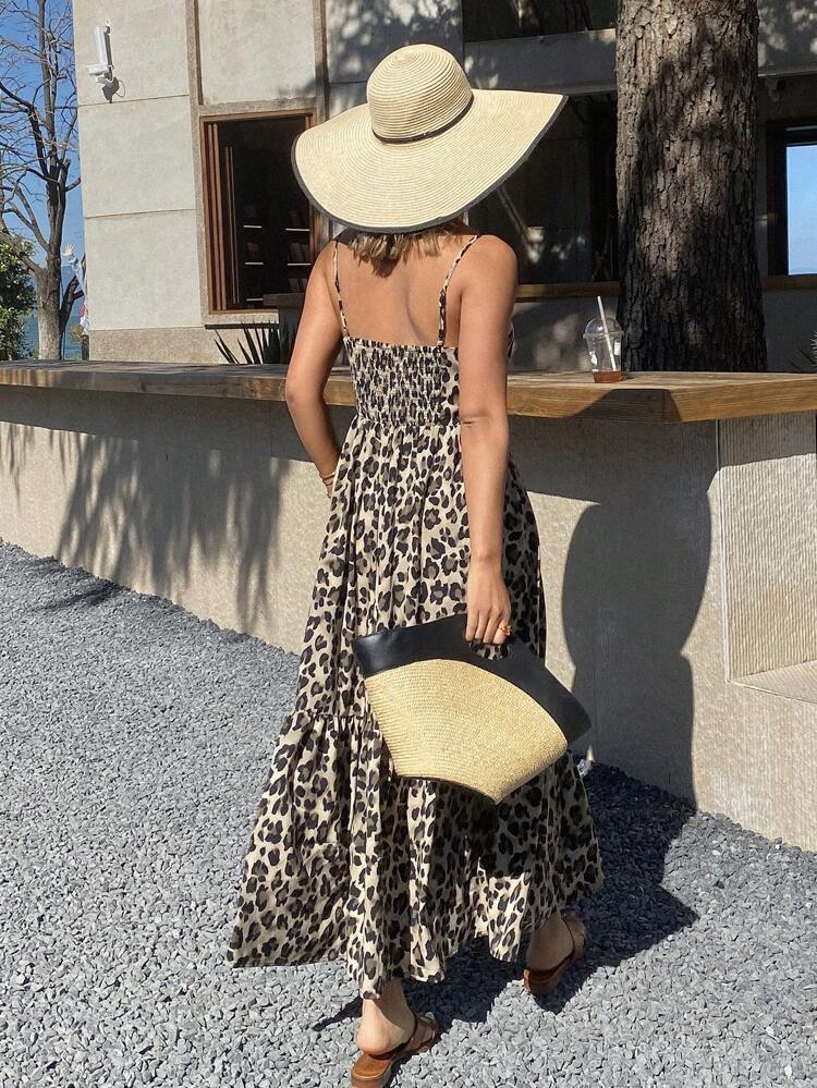Western Style Beach Vacation Leopard Print Full Print Hollow Ladies Summer Suspender Mid-Length Dress,Casual Women Dresses Cruise Outfit For Women