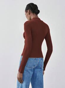 SHEIN Unity 高领套头毛衣，修身版型，纽扣装饰针织套头衫，秋冬款 - 咖啡棕 - 查看 2