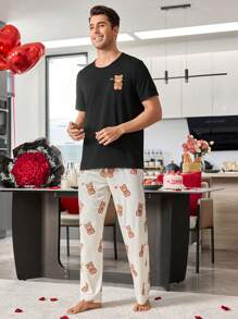 Manfinity Cute Bear Print Short Sleeve & Long Pants Men Pajama Set - Black - View 5
