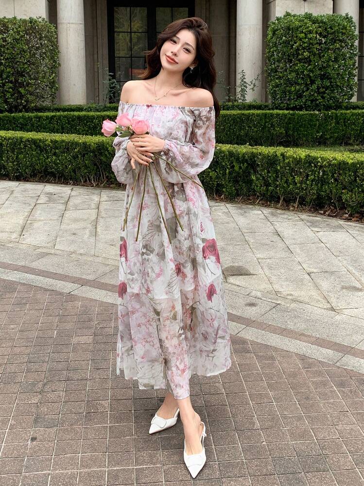 Vestido midi con hombros descubiertos y estampado floral para el Día de San Valentín, vestido de manga larga estilo bohemio para otoño - Rosa - Añade 3