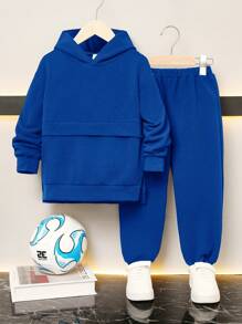 SHEIN Leap Crew 2pcs/Set Young Boys Casual Hoodie Sweatshirt And Pants Sets, Comfortable And Fashionable Loose Fit, Suitable For School, Everyday, Outdoor, Sports In Autumn/Winter - Royal Blue - View 5