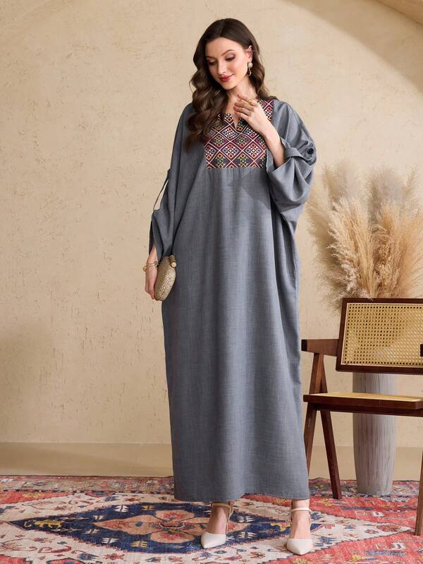 Al Najma Women's Geometric Pattern V-Neck Rolled Sleeve Loose Turkish Style Dress, Kaftan & Jalabiya, Modest